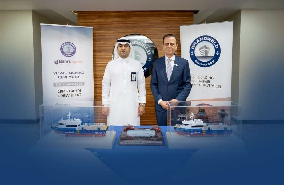 The signing ceremony for the two new offshore support vessels which will be built for Bahri Logistics at Grandweld Shipyard in Dubai