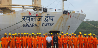 Trainees in front of the SCI-operated passenger vessel, Swaraj Dweep