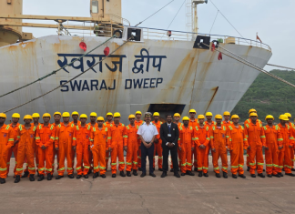 Trainees in front of the SCI-operated passenger vessel, Swaraj Dweep