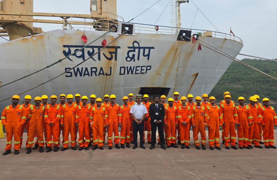 Trainees in front of the SCI-operated passenger vessel, Swaraj Dweep