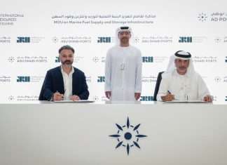 Saif Al Mazrouei, CEO, Ports Cluster, AD Ports Group and Ali Rashed Alrashdi, Group CEO, International Resources Holding, signing the agreement in the presence of AD Ports Group Managing Director and Group CEO, Captain Mohamed Juma Al Shamisi
