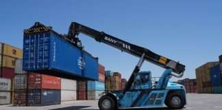 The new electrical reach stacker in operation at Khalifa Bin Salman Port