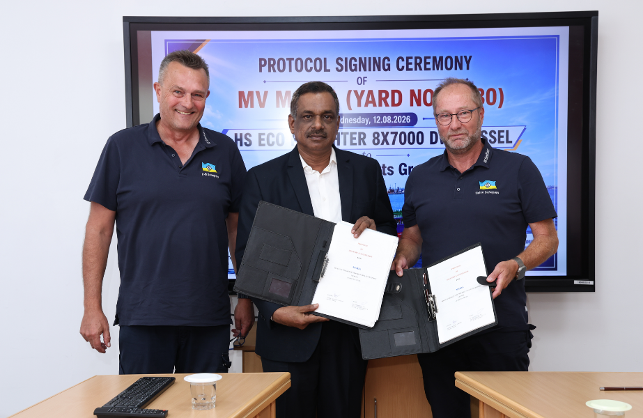 story-11 The delivery and acceptance protocol was signed between Dr. S. Harikrishnan, Director (Operations), Cochin Shipyard Limited and Heinz Josef Schepers, Director, HS Schiffahrts UG (haftungsbeschränkt) & Co. KG, in the presence of senior officials from the owner and CSL