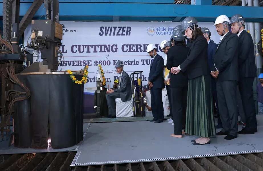 Story-15-1 The steel cutting ceremony for the TRAnsverse electric tugs at Cochin’s shipyard
