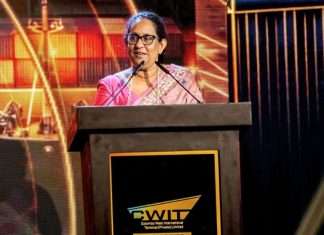 Sri Lankan Prime Minister Dr Harini Amarasuriya speaking at a ceremony to mark the start of operations at phase two of the CWIT expansion